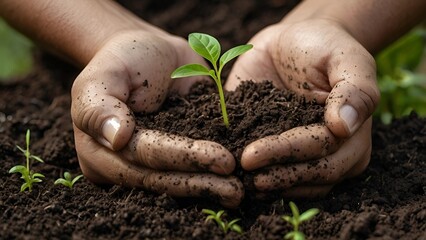 Close-up of hands gently holding soil with a small plant sprout, symbolizing growth, hope, and a commitment to the environment—a powerful concept of sustainability.