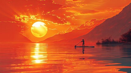A paddleboarder glides across a calm lake as the sun sets behind them, casting a golden glow over the water. The scene is quiet and peaceful, with the only sound being the gentle splash of the paddle