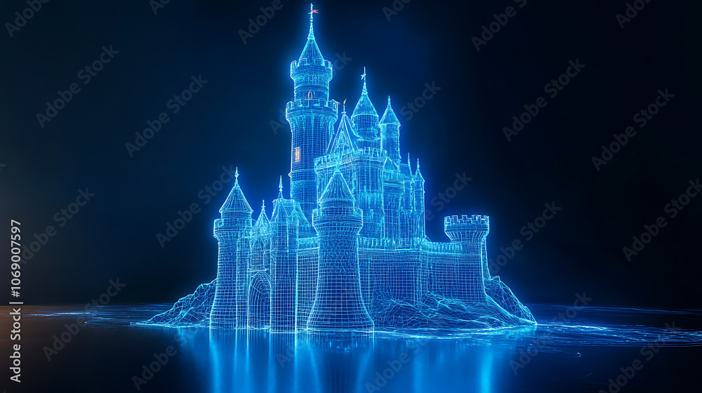 Poster 3d rendering, wire frame model of castle with blue light ray