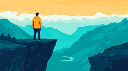Naklejka premium A lone man stands on a cliff edge, overlooking a vast mountain range and a winding river. The sky is a vibrant orange and yellow, and the mountains are a deep blue-green.