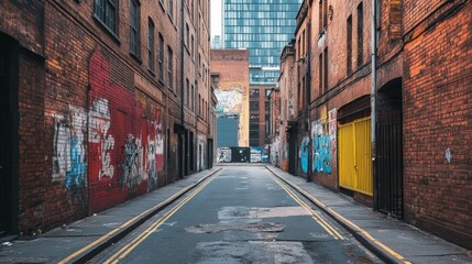 A narrow urban street lined with brick building and colorful graffiti, showcasing city life.