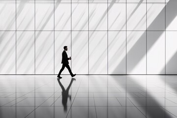 Businessman Walking in Modern Office Building - Silhouette and Reflection