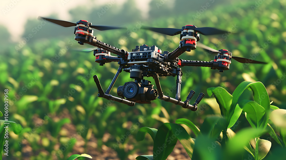 Aufkleber drone with digital camera flying over cultivated field