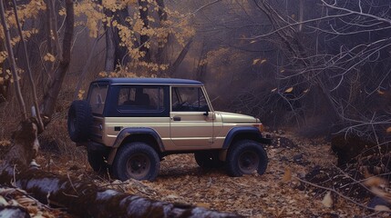 Off-Road SUV Adventure in Misty Autumn Forest