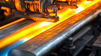 Close-up of a steel rolling mill where steel bars or sheets are rolled and cooled