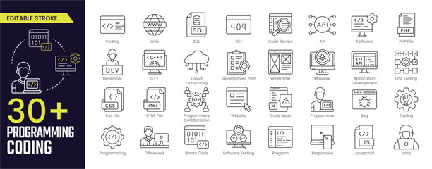 Programming Coding Stroke icon collections. Containing developer, programming, coding, code, technology, data, script, and more icons. Editable Stroke icon collection Outline icon