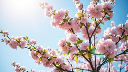 Obraz premium A beautiful cherry blossom tree in full bloom, with bright pink flowers scattered among the branches, against a clear blue sky, beauty, pink