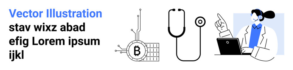 Cryptocurrency symbol with circuit, stethoscope, online consultation. Ideal for tech, healthcare, crypto, digital finance, telemedicine, online education, website banners Landing page