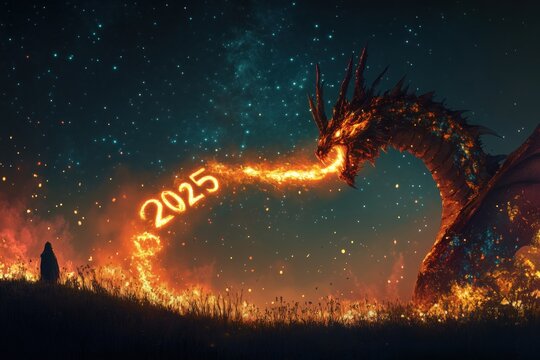 Feuerspeiender Drache formt das Jahr 2025 in der Nacht