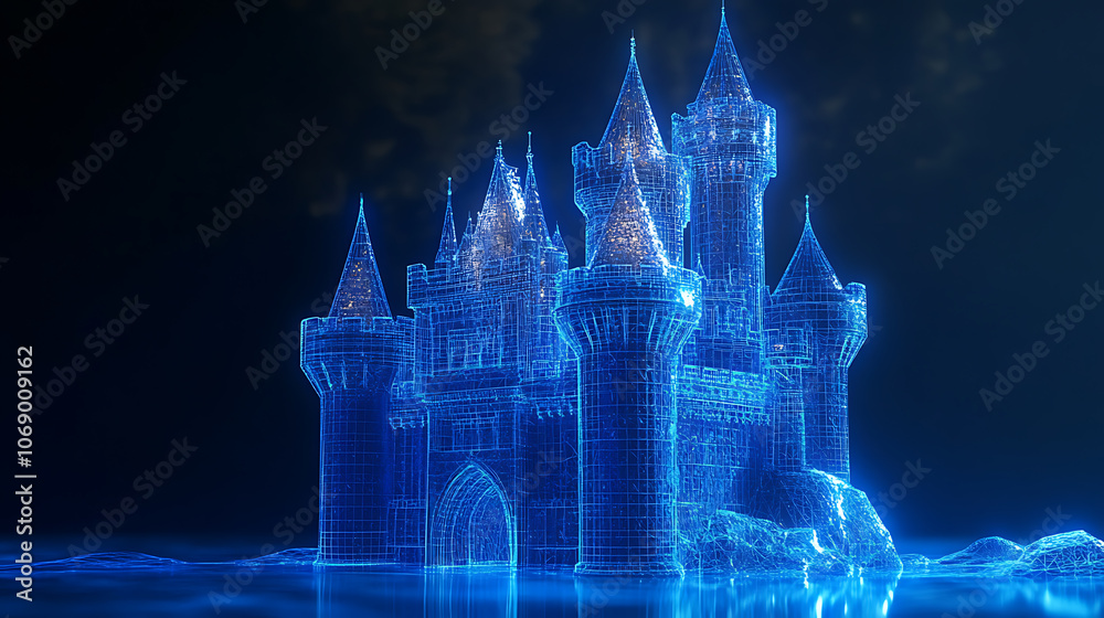 Poster 3d rendering, wire frame model of castle with blue light ray