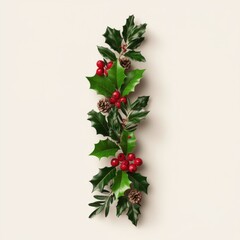 Fototapeta premium A decorative arrangement of holly leaves and berries, accented with pinecones, ideal for festive decorations.