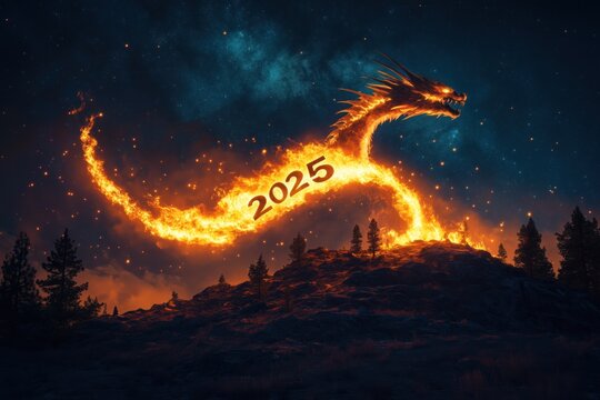 Feuerspeiender Drachen Schriftzug 2025 in der Nacht