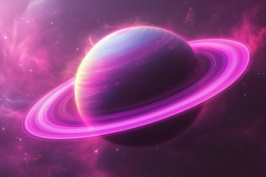 giant purple planet with glowing pink rings floats in a vibrant nebula filled with stars