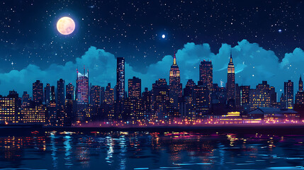 Obraz premium New York Skyline at night with Moon