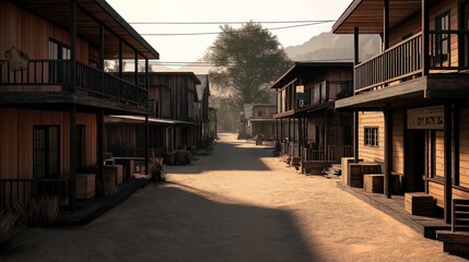 Fototapeta premium Dusty street of an old western town with wooden buildings and shadowed paths under a clear sky, evoking a historical frontier atmosphere