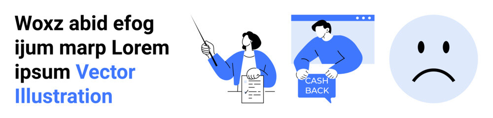 Typographic elements, figure with pointer, man holding cashback sign, sad emoticon. Ideal for business, marketing, finance, presentations, teaching, customer engagement emotional representation