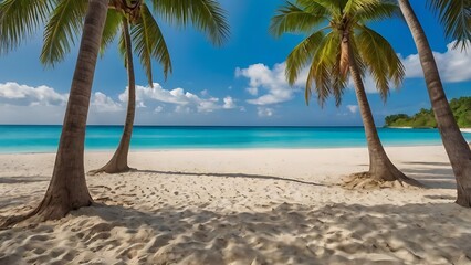 Idyllic tropical beach scene with turquoise waters and soft white sand, radiating a relaxing vibe—perfect for a serene escape into paradise.