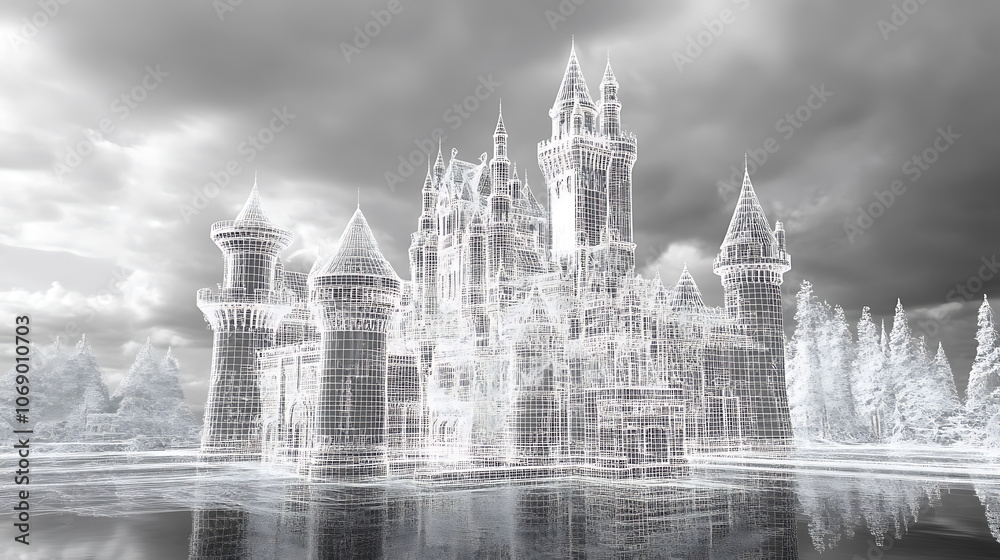 Poster 3d rendering, wire frame model of castle