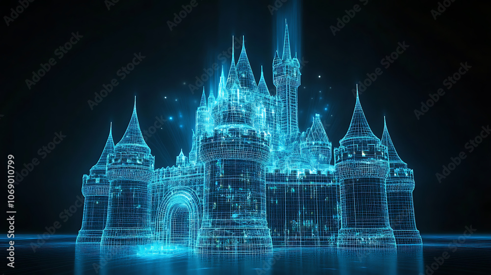 Poster 3d rendering, wire frame model of castle with blue light ray