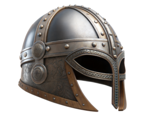 Detailed Viking helmet with silver trim, showcasing intricate designs and sturdy build. Isolated on transparent or white background.