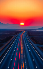 Obraz premium Blurred rays of light from cars passing along the highway at dawn. View from above. Scenery.
