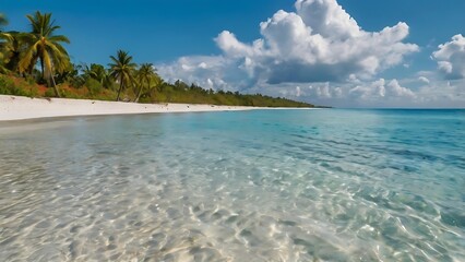Idyllic tropical beach scene with turquoise waters and soft white sand, radiating a relaxing vibe—perfect for a serene escape into paradise.