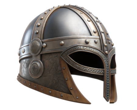 Detailed Viking helmet with silver trim, showcasing intricate designs and sturdy build. Isolated on transparent or white background.
