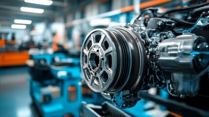 Car flywheel assembly details are shown in a workshop, part of engine repair work