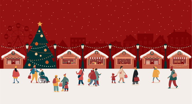 christmas_city_reTraditional Christmas market. Xmas fair. Family, people, buying treats, having fun, shopping, drinking and eating. European city panorama.