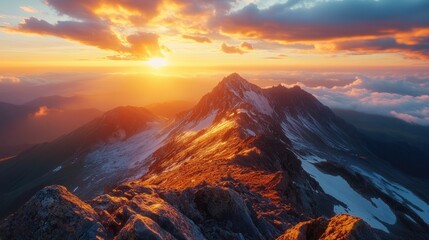 Fototapeta premium A majestic mountain peak illuminated by a vibrant sunset, casting long shadows across the landscape. The sky is ablaze with warm colors, creating a breathtaking spectacle.