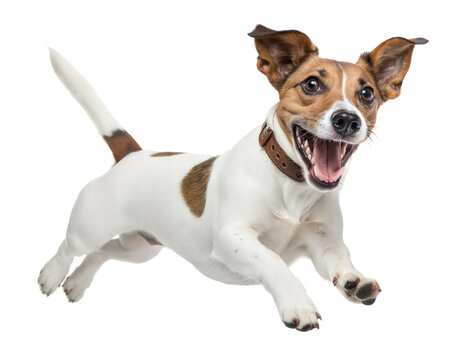 Joyful dog jumping with excitement, showcasing its playful spirit and energy. Isolated on transparent or white background.