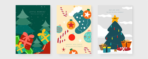 Festive Christmas Greeting Cards with Love and Joy Theme. A collection of three Christmas-themed greeting cards. Each card features festive elements. Perfect for holiday celebrations