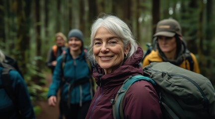 Happy senior woman with a group of friends hiking in a lush forest.