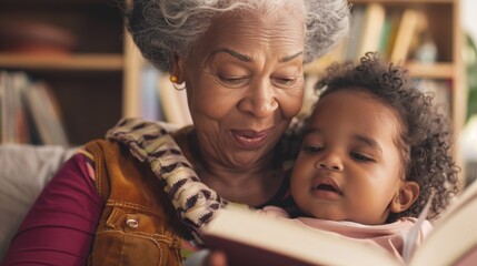 Grandmother's gentle smile as she reads a book to her grandson, fostering a lifelong love for stories.