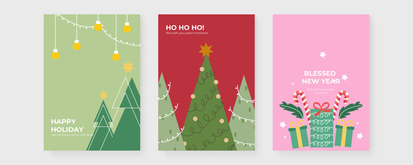 Festive Christmas Greeting Cards with Love and Joy Theme. A collection of three Christmas-themed greeting cards. Each card features festive elements. Perfect for holiday celebrations