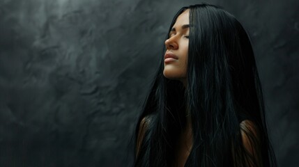 Fototapeta premium A woman with long black hair and closed eyes, turning to the right, set against a grey background, creates a moody, dramatic image.