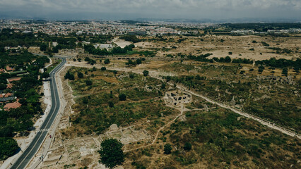 aerial view of The Ancient City of Side. Port. Peninsula. Turkey. Manavgat. Antalya. The largest amphitheater in Turkey.