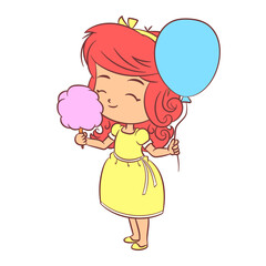 Girl holding balloon eating cotton candy