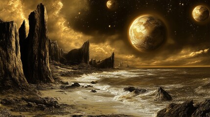 A surreal coastal landscape with towering cliffs, celestial bodies, and a dramatic sky.