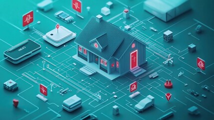 A 3D illustration of a smart home with various interconnected devices.