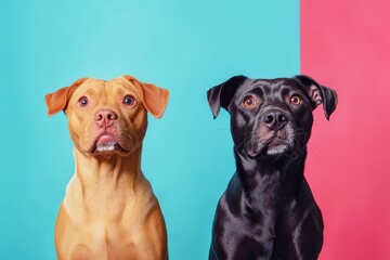 Two Best Friends:  A captivating portrait of two adorable dogs, a brown and a black, sitting side-by-side, looking up with curious and affectionate eyes.