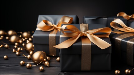 Black gift box with gold ribbon and blank card against a dark background, ideal for exclusive gifting moments.