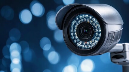 Enhanced security, closeup of a modern surveillance camera against vibrant blue backdrop