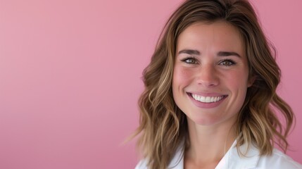 Fototapeta premium Portrait of a kind brunette doctor against a pink background / women's health