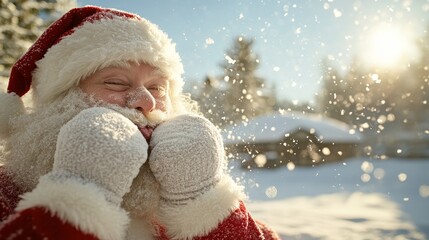 Funny Santa blowing on his hands to keep warm, wearing oversized mittens, snowy village background, cozy holiday setting, Photorealistic
