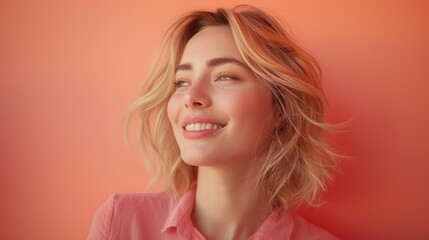 Naklejka premium Portrait of a blonde teen girl against a pastel peach color background 