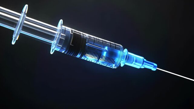 A glass syringe filled with a blue liquid is ready to inject