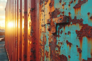 Rusted Metal Container with Sunset Glowing Through Slats