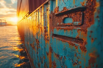 Rusty Blue Shipping Container at Sunset