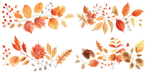 Autumn wreath frame border leaves tree branches set watercolor design resources elements isolated on transparent background